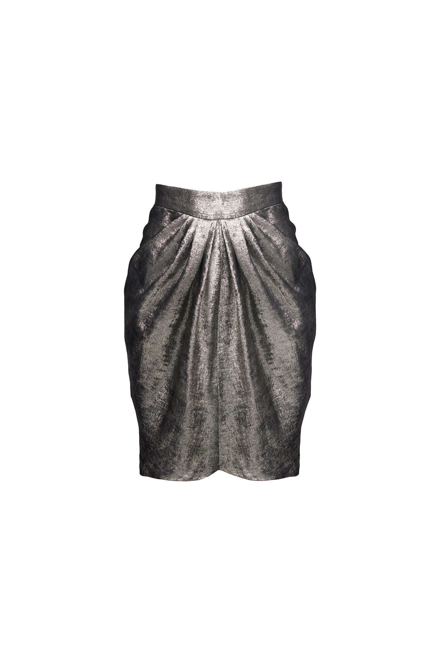 Metallic gold pleated skirt with sculptural silhouette and elegant shine, part of Lola Clavel’s designer womenswear collection