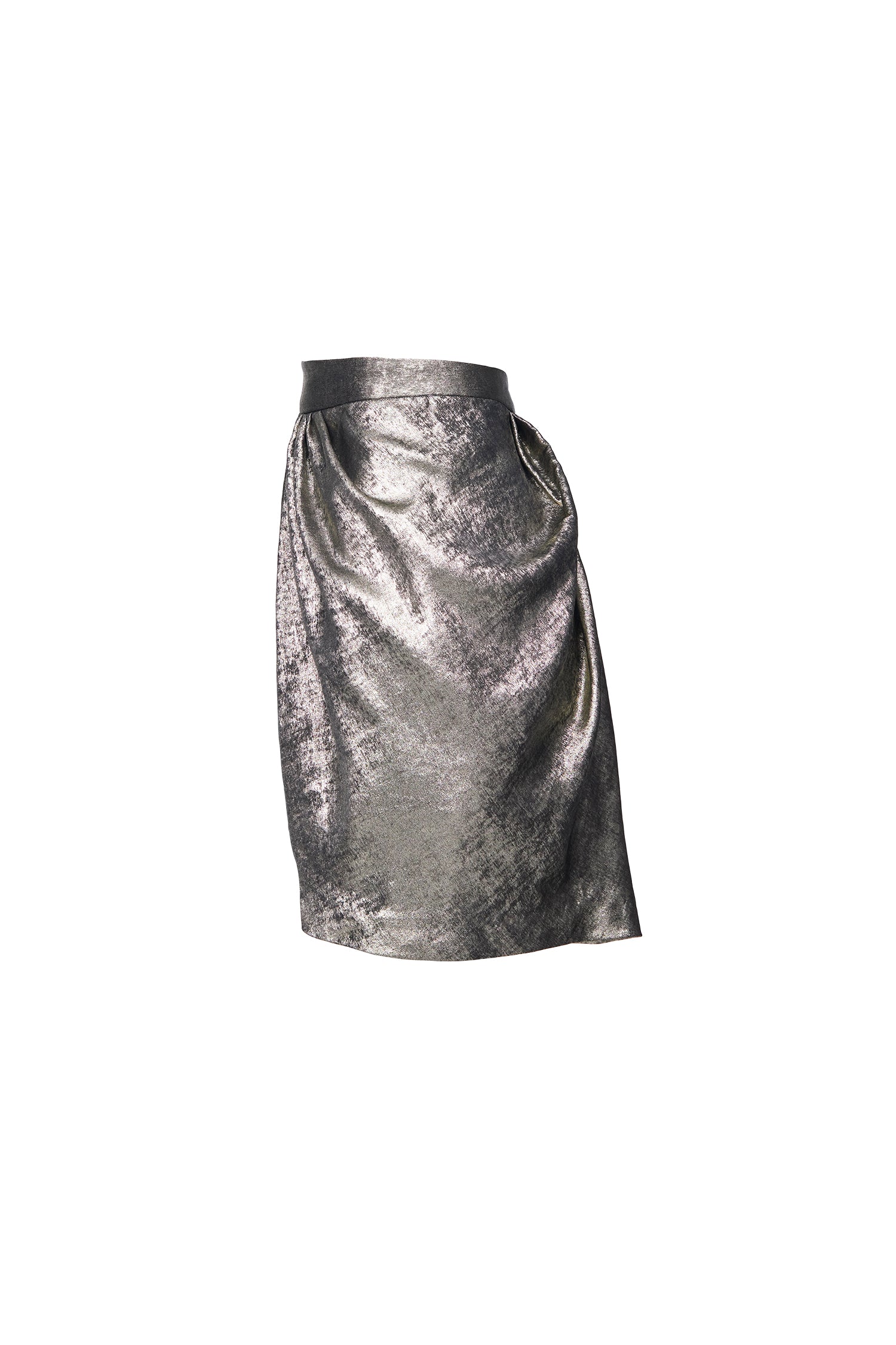 Detailed close-up of metallic gold pleated fabric with lustrous, sculptural texture in designer skirt by Lola Clavel