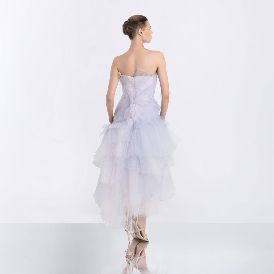 Back view of Moonrise dress in lightweight polyester organza tulle, elegant evening gown