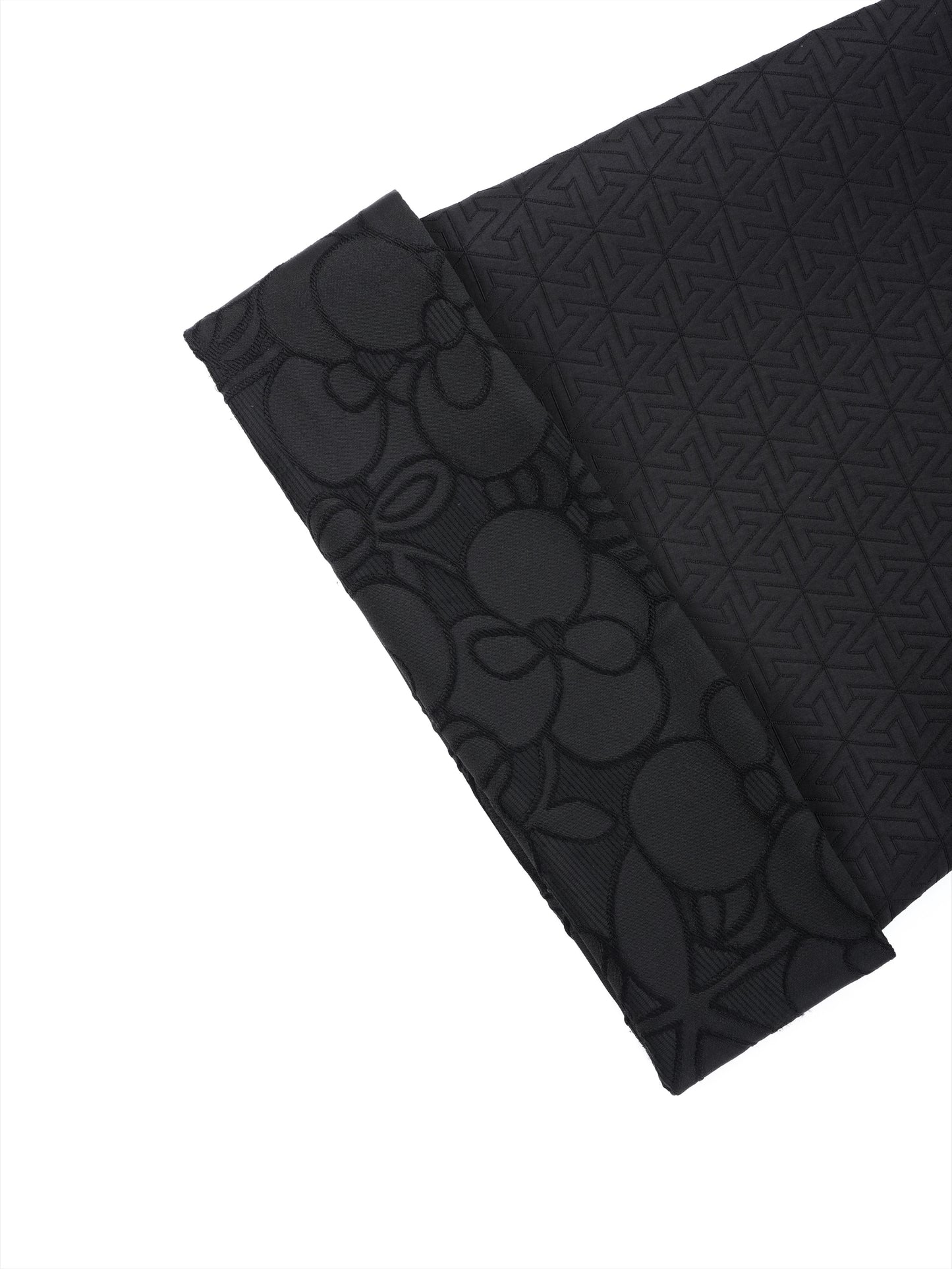 Detail of sleeve and cuff showing contrasting floral and geometry textures