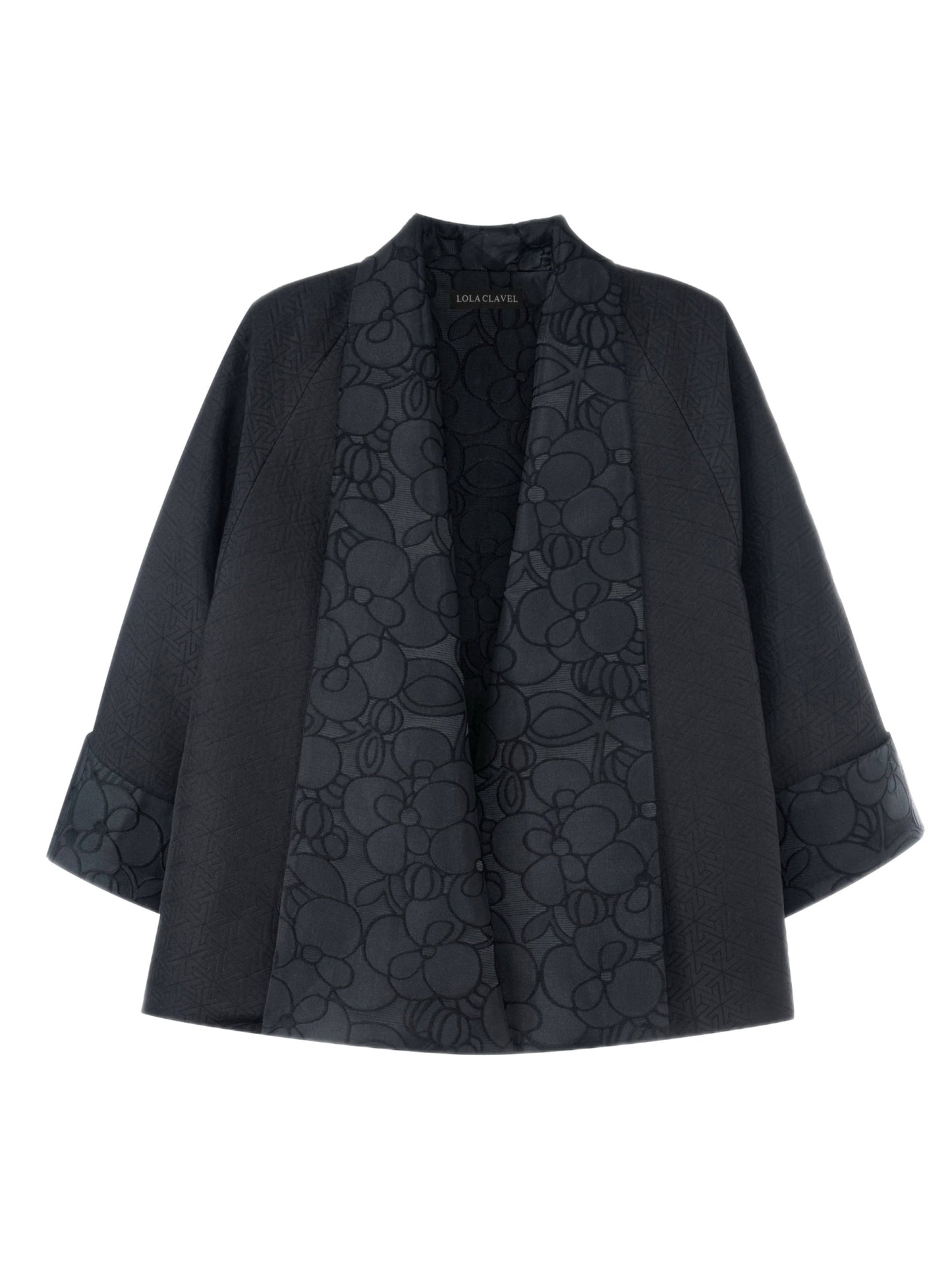 Unisex black jacquard jacket with floral and geometric patterns by Lola Clavel Atelier, inspired by Japanese silhouettes