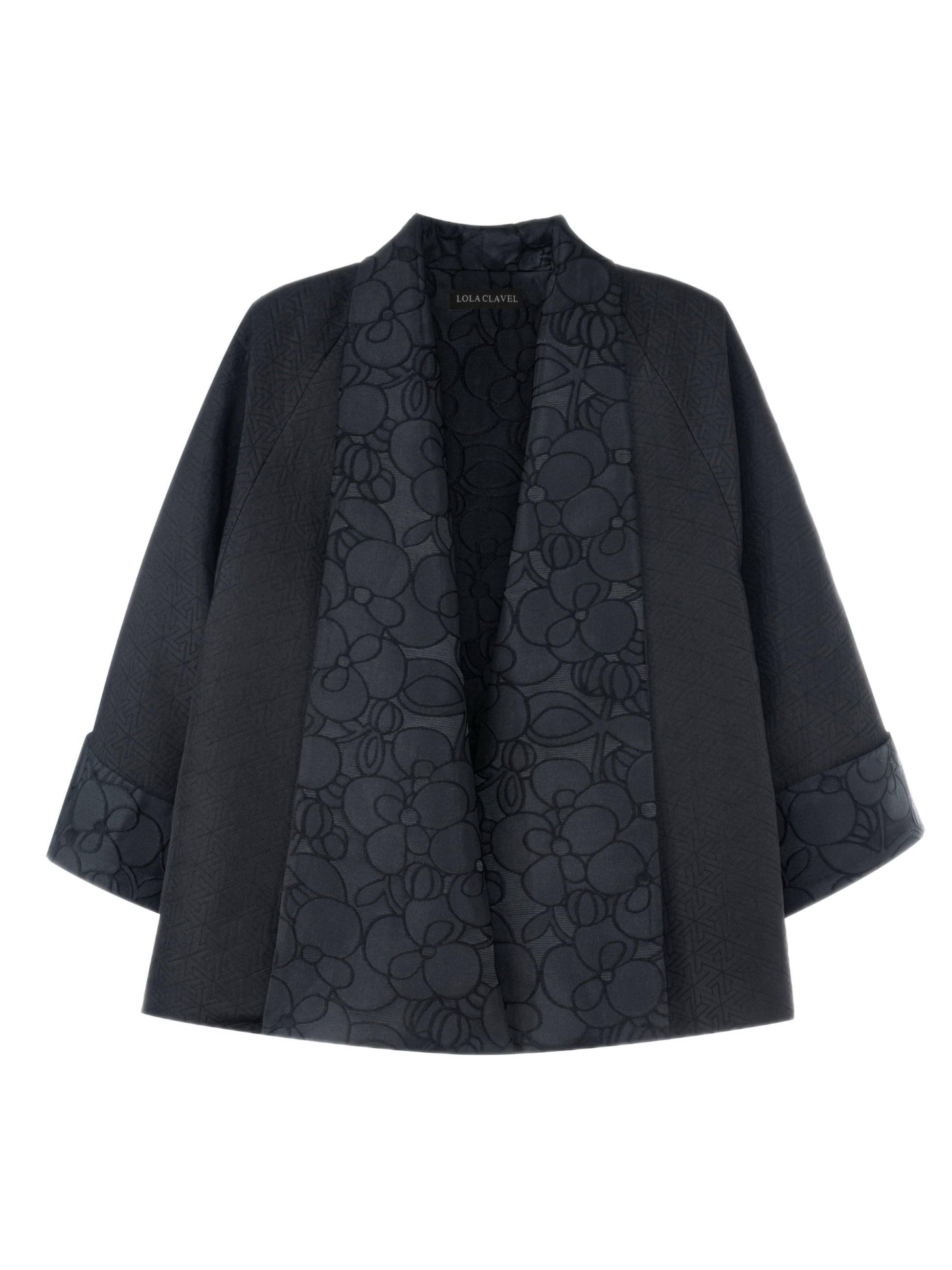 Unisex black jacquard jacket with floral and geometric patterns by Lola Clavel Atelier, inspired by Japanese silhouettes