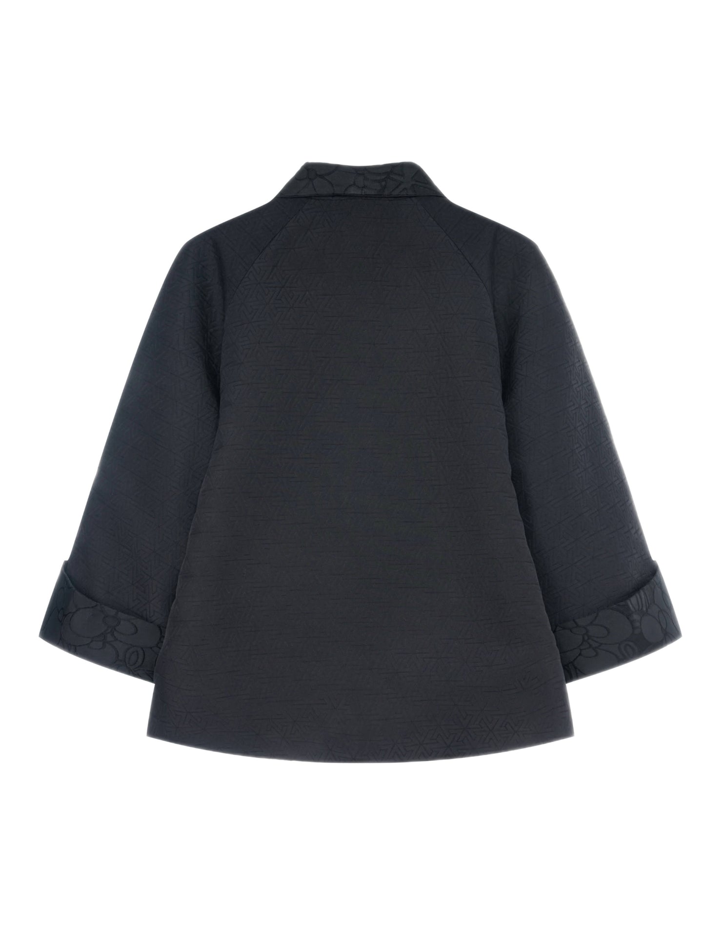 back view of black kimono-style jacket with floral motif