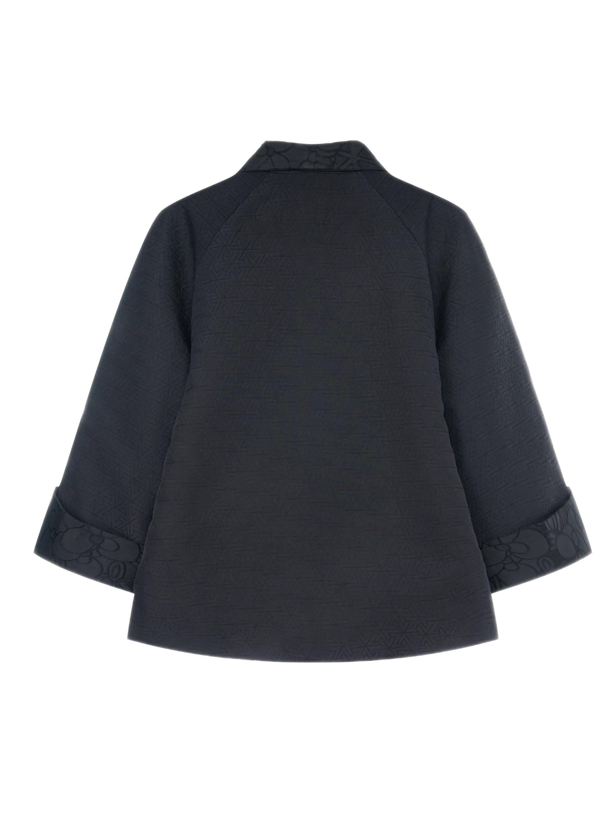 back view of black kimono-style jacket with floral motif