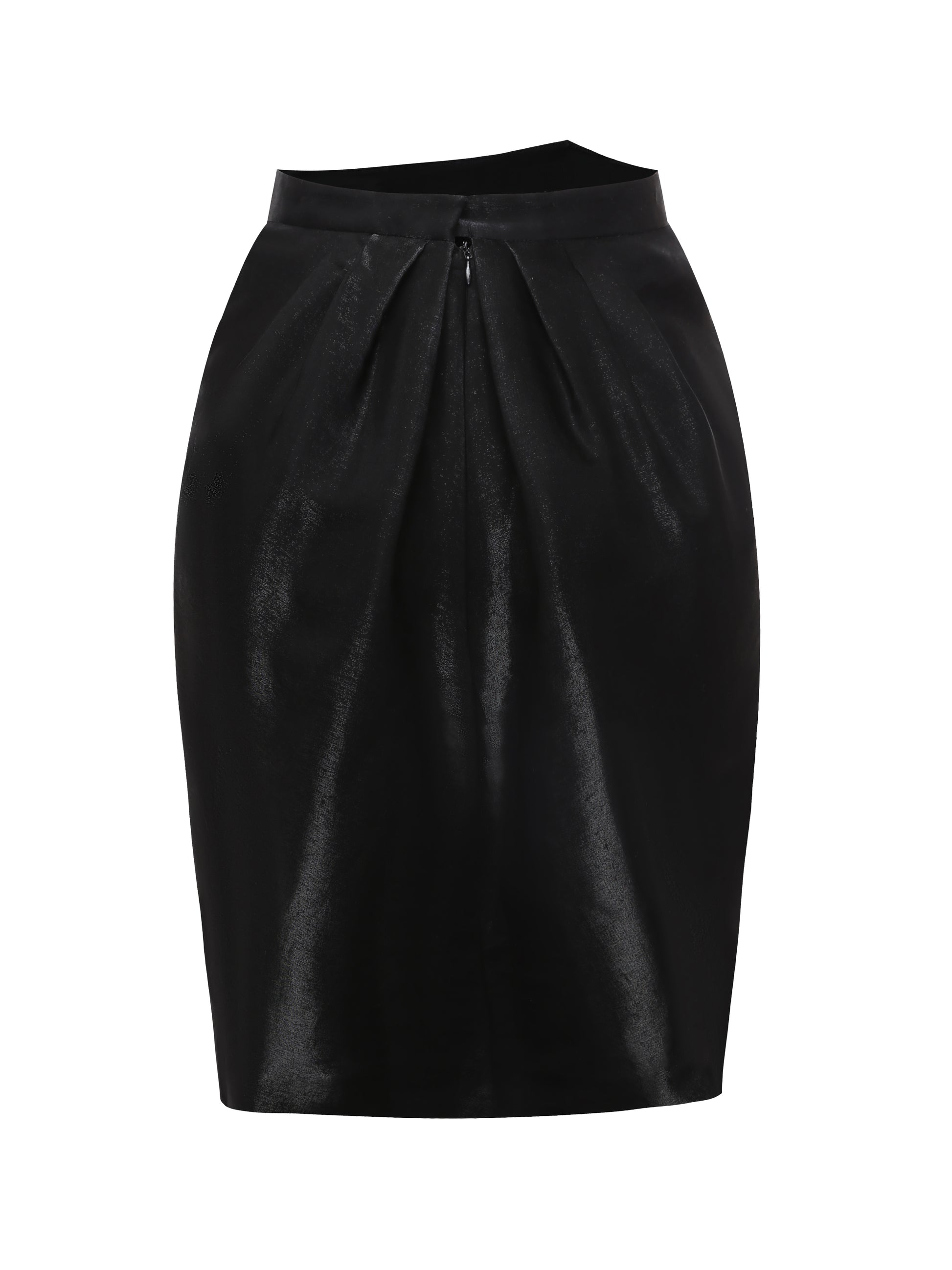 Back view of metallic black draped skirt, fluid design with luxurious movement, crafted by Hong Kong fashion designer Lola Clavel