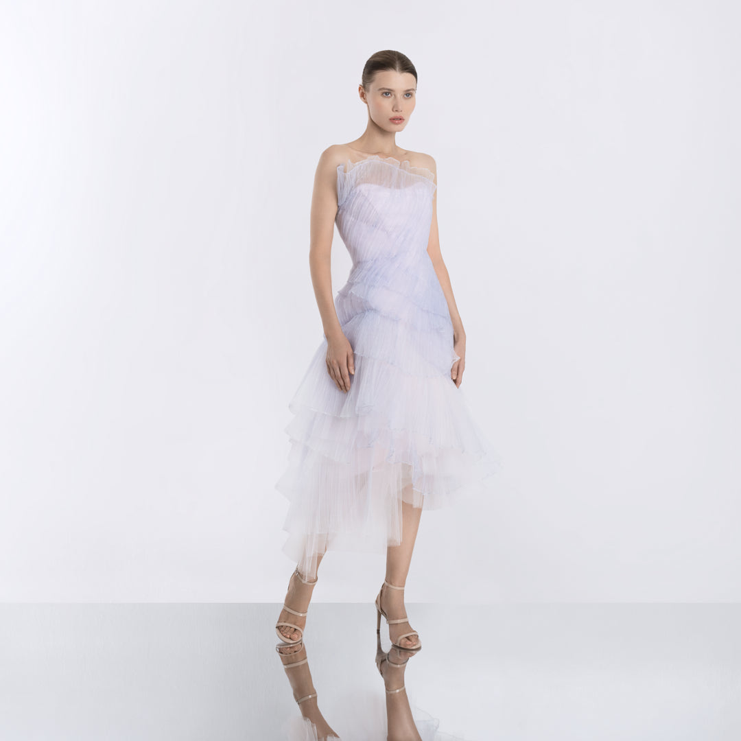 Luxury Moonrise evening dress worn by model, layered organza tulle with voluminous design
