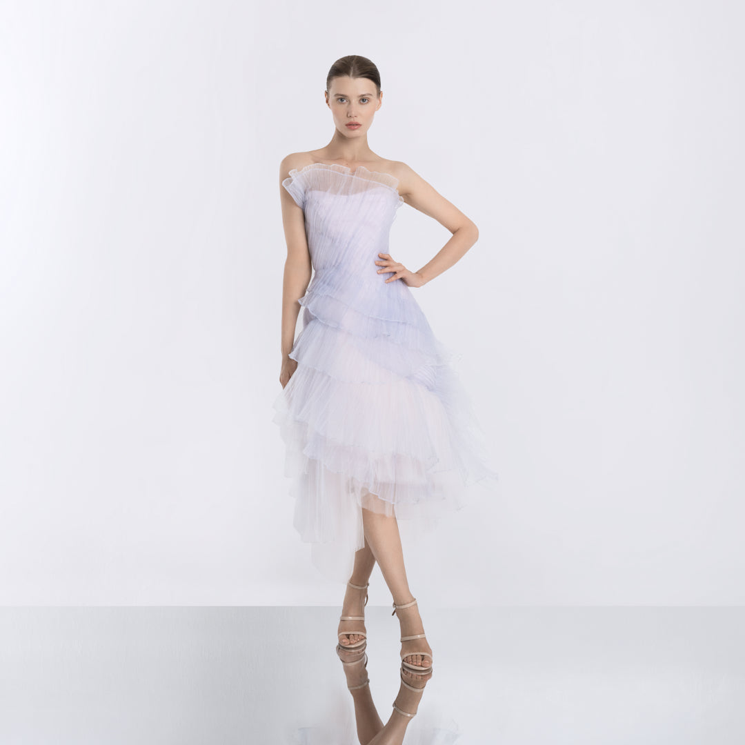 Moonrise evening dress in sheer organza tulle with flowing silhouette, customisable fit
